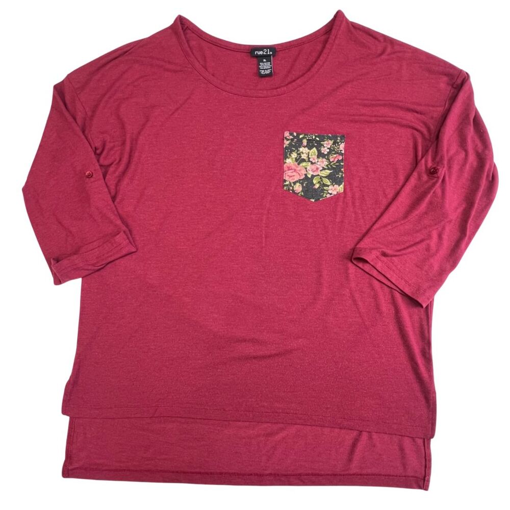 Rue 21 Blouse Womens XL Burgundy Floral Pocket 3/4 Sleeve Lightweight Casual Top